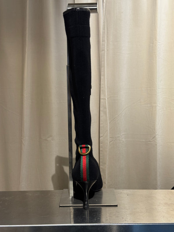 Gucci Black Stretch Fabric Knee High Boots Web Stripe Gold Buckle Kitten Heel Size EU 36