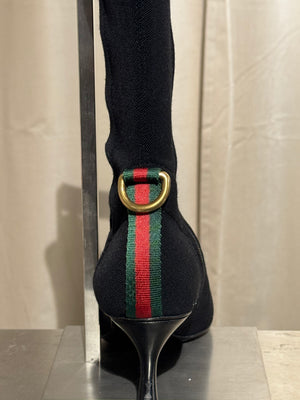 Gucci Black Stretch Fabric Knee High Boots Web Stripe Gold Buckle Kitten Heel Size EU 36