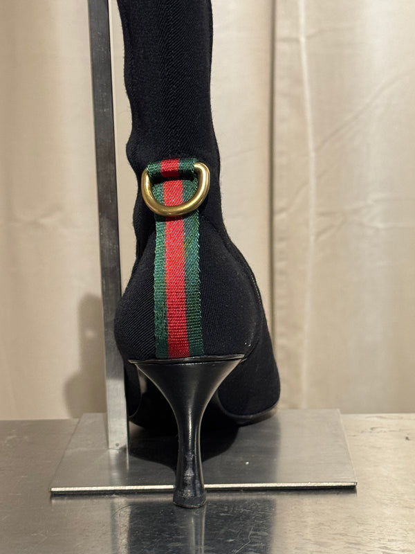 Gucci Black Stretch Fabric Knee High Boots Web Stripe Gold Buckle Kitten Heel Size EU 36