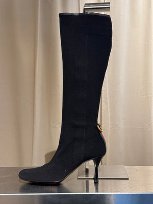 Gucci Black Stretch Fabric Knee High Boots Web Stripe Gold Buckle Kitten Heel Size EU 36