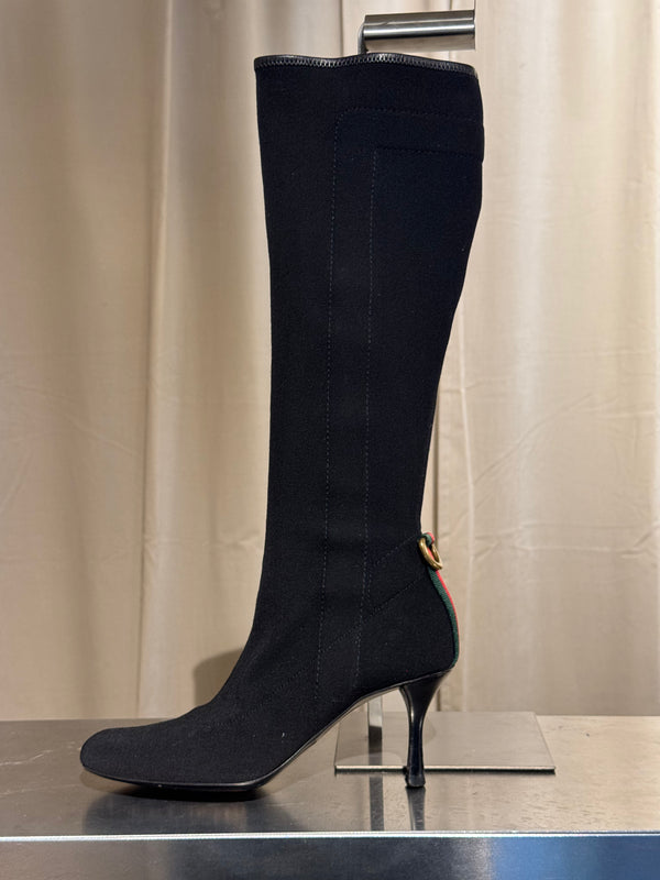 Gucci Black Stretch Fabric Knee High Boots Web Stripe Gold Buckle Kitten Heel Size EU 36