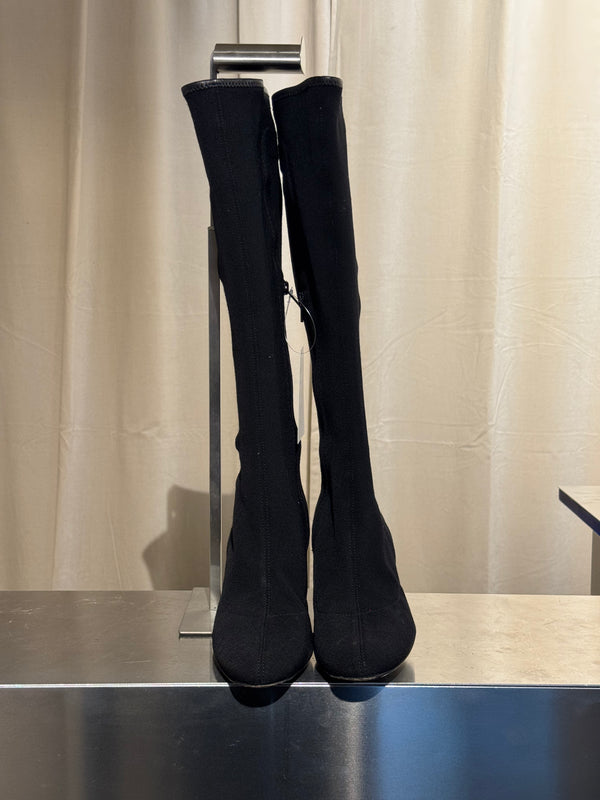 Gucci Black Stretch Fabric Knee High Boots Web Stripe Gold Buckle Kitten Heel Size EU 36