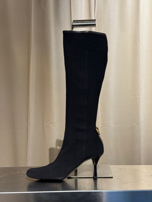 Gucci Black Stretch Fabric Knee High Boots Web Stripe Gold Buckle Kitten Heel Size EU 36