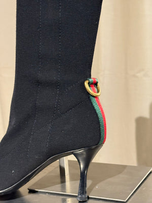 Gucci Black Stretch Fabric Knee High Boots Web Stripe Gold Buckle Kitten Heel Size EU 36