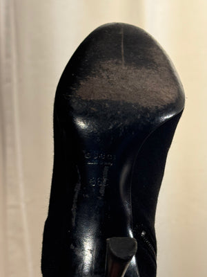 Gucci Black Stretch Fabric Knee High Boots Web Stripe Gold Buckle Kitten Heel Size EU 36