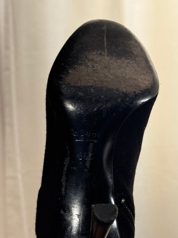 Gucci Black Stretch Fabric Knee High Boots Web Stripe Gold Buckle Kitten Heel Size EU 36