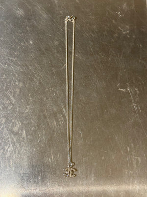 Chanel Reversible CC Logo Pendant Necklace Silver Tone Rhinestone Crystal Double Sided Chain with Box