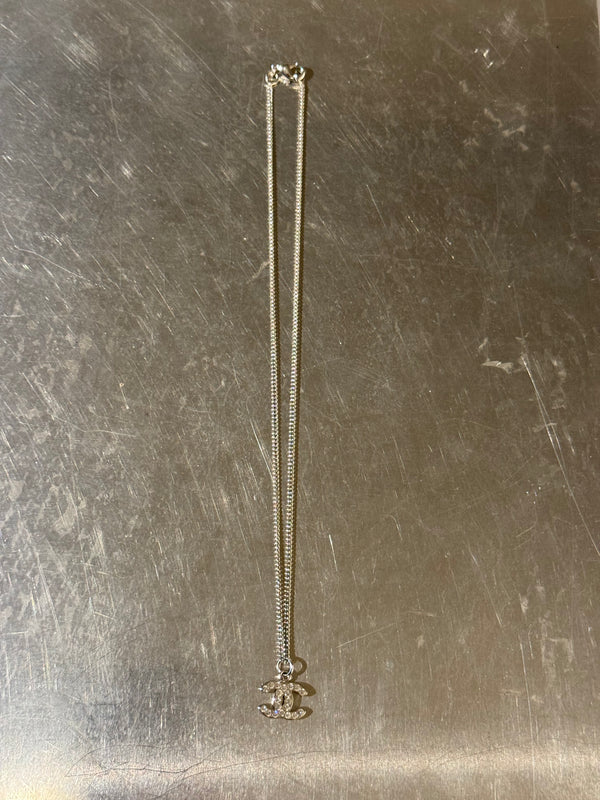 Chanel Reversible CC Logo Pendant Necklace Silver Tone Rhinestone Crystal Double Sided Chain with Box