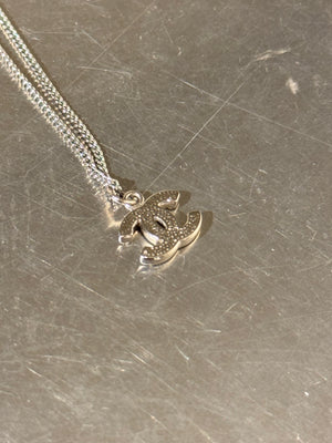 Chanel Reversible CC Logo Pendant Necklace Silver Tone Rhinestone Crystal Double Sided Chain with Box
