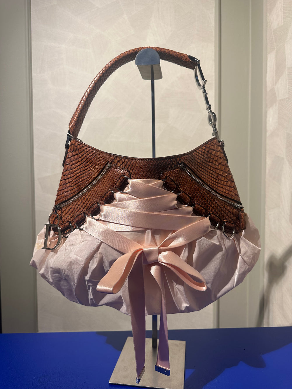Christian Dior Python Baby Pink Ballerina Corset Lace Up Shoulder Bag 2004 John Galliano Rare DIOR Detailing Vintage Bow