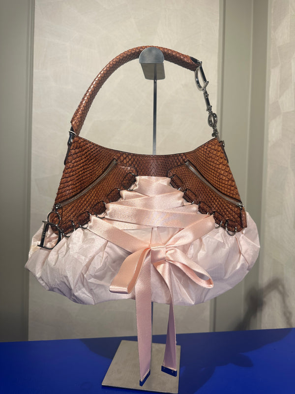 Christian Dior Python Baby Pink Ballerina Corset Lace Up Shoulder Bag 2004 John Galliano Rare DIOR Detailing Vintage Bow