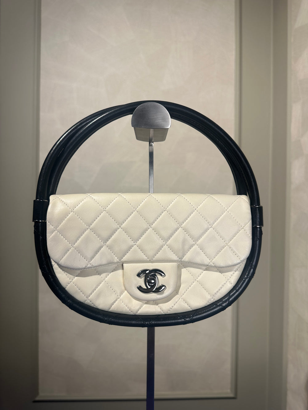 Chanel Iconic S/S 2013 Karl Lagerfeld Hula Hoop White CC flap Black trim Quilted Calfskin Mini Ivory Black handles