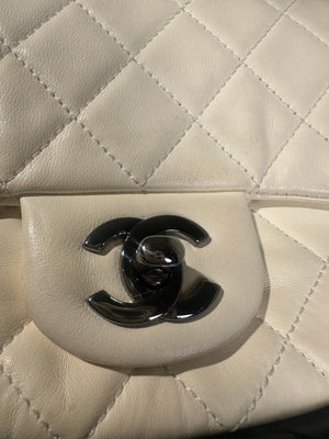 Chanel Iconic S/S 2013 Karl Lagerfeld Hula Hoop White CC flap Black trim Quilted Calfskin Mini Ivory Black handles