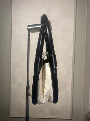 Chanel Iconic S/S 2013 Karl Lagerfeld Hula Hoop White CC flap Black trim Quilted Calfskin Mini Ivory Black handles