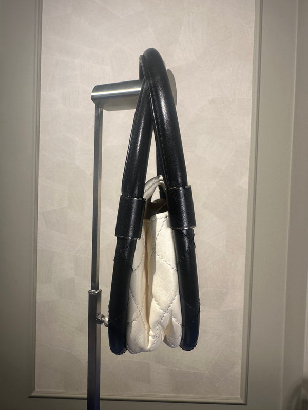 Chanel Iconic S/S 2013 Karl Lagerfeld Hula Hoop White CC flap Black trim Quilted Calfskin Mini Ivory Black handles