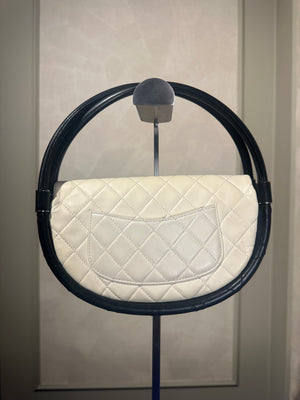 Chanel Iconic S/S 2013 Karl Lagerfeld Hula Hoop White CC flap Black trim Quilted Calfskin Mini Ivory Black handles