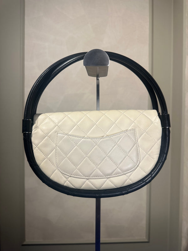 Chanel Iconic S/S 2013 Karl Lagerfeld Hula Hoop White CC flap Black trim Quilted Calfskin Mini Ivory Black handles