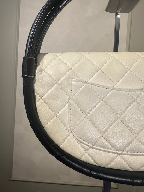 Chanel Iconic S/S 2013 Karl Lagerfeld Hula Hoop White CC flap Black trim Quilted Calfskin Mini Ivory Black handles