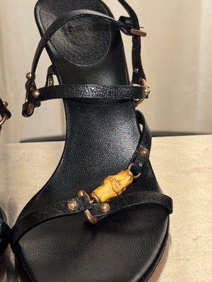 Gucci Black Leather Bamboo Detail Strappy Sandals Gold Hardware High Heels Size 41C with Box