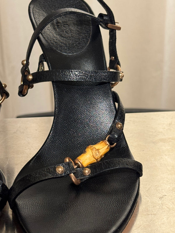 Gucci Black Leather Bamboo Detail Strappy Sandals Gold Hardware High Heels Size 41C with Box