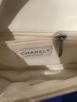 Chanel Iconic S/S 2013 Karl Lagerfeld Hula Hoop White CC flap Black trim Quilted Calfskin Mini Ivory Black handles