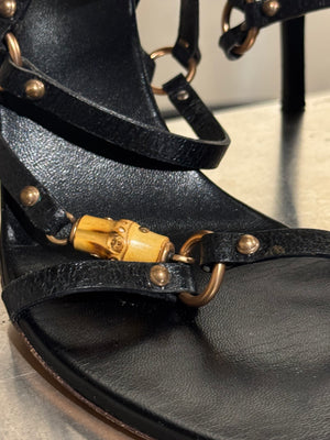 Gucci Black Leather Bamboo Detail Strappy Sandals Gold Hardware High Heels Size 41C with Box