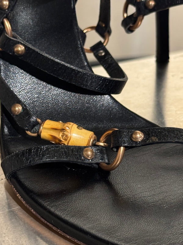 Gucci Black Leather Bamboo Detail Strappy Sandals Gold Hardware High Heels Size 41C with Box