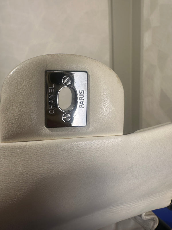 Chanel Iconic S/S 2013 Karl Lagerfeld Hula Hoop White CC flap Black trim Quilted Calfskin Mini Ivory Black handles