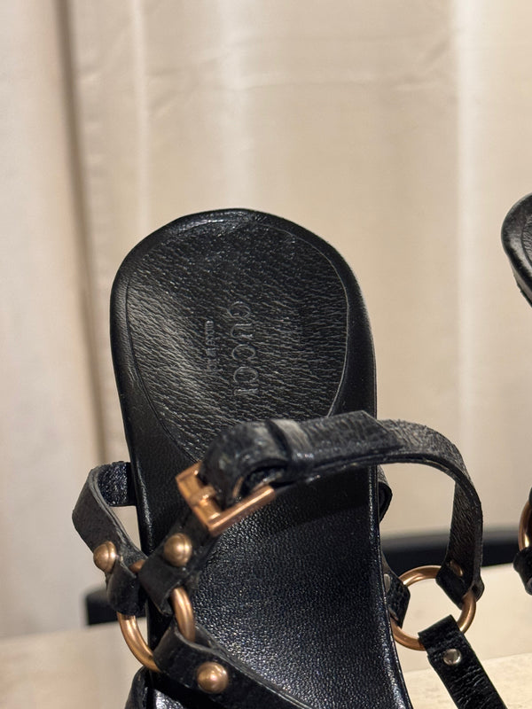 Gucci Black Leather Bamboo Detail Strappy Sandals Gold Hardware High Heels Size 41C with Box