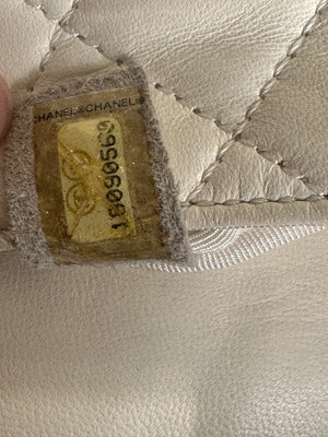 Chanel Iconic S/S 2013 Karl Lagerfeld Hula Hoop White CC flap Black trim Quilted Calfskin Mini Ivory Black handles