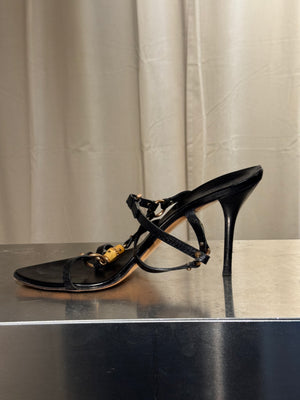 Gucci Black Leather Bamboo Detail Strappy Sandals Gold Hardware High Heels Size 41C with Box
