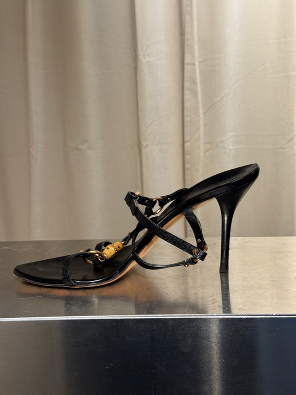Gucci Black Leather Bamboo Detail Strappy Sandals Gold Hardware High Heels Size 41C with Box