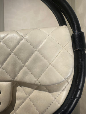 Chanel Iconic S/S 2013 Karl Lagerfeld Hula Hoop White CC flap Black trim Quilted Calfskin Mini Ivory Black handles