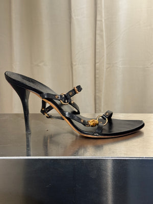 Gucci Black Leather Bamboo Detail Strappy Sandals Gold Hardware High Heels Size 41C with Box