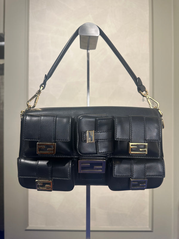 Fendi Baguette Multipocket Shoulder Bag Autum-Winter 2023/24 Black Leather Classic FF Gold Hardware