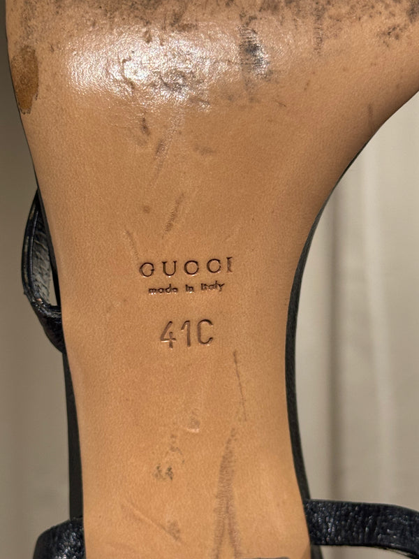 Gucci Black Leather Bamboo Detail Strappy Sandals Gold Hardware High Heels Size 41C with Box