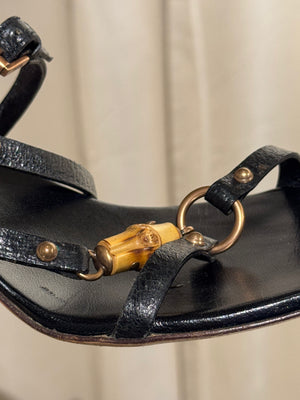 Gucci Black Leather Bamboo Detail Strappy Sandals Gold Hardware High Heels Size 41C with Box