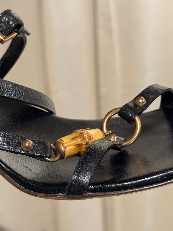 Gucci Black Leather Bamboo Detail Strappy Sandals Gold Hardware High Heels Size 41C with Box