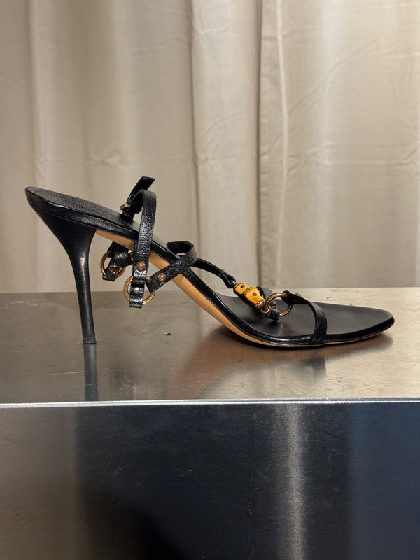 Gucci Black Leather Bamboo Detail Strappy Sandals Gold Hardware High Heels Size 41C with Box