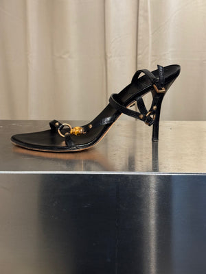 Gucci Black Leather Bamboo Detail Strappy Sandals Gold Hardware High Heels Size 41C with Box