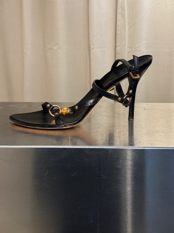 Gucci Black Leather Bamboo Detail Strappy Sandals Gold Hardware High Heels Size 41C with Box