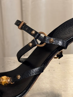Gucci Black Leather Bamboo Detail Strappy Sandals Gold Hardware High Heels Size 41C with Box
