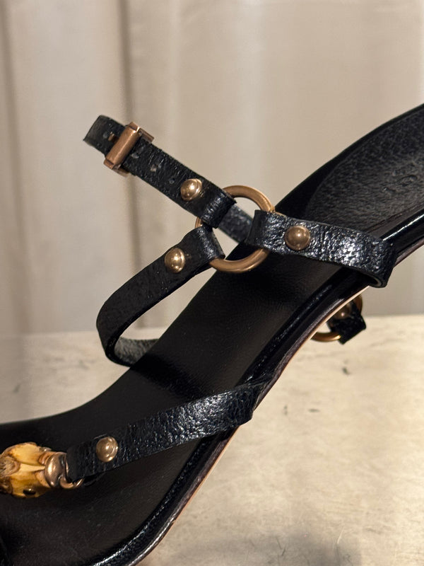 Gucci Black Leather Bamboo Detail Strappy Sandals Gold Hardware High Heels Size 41C with Box