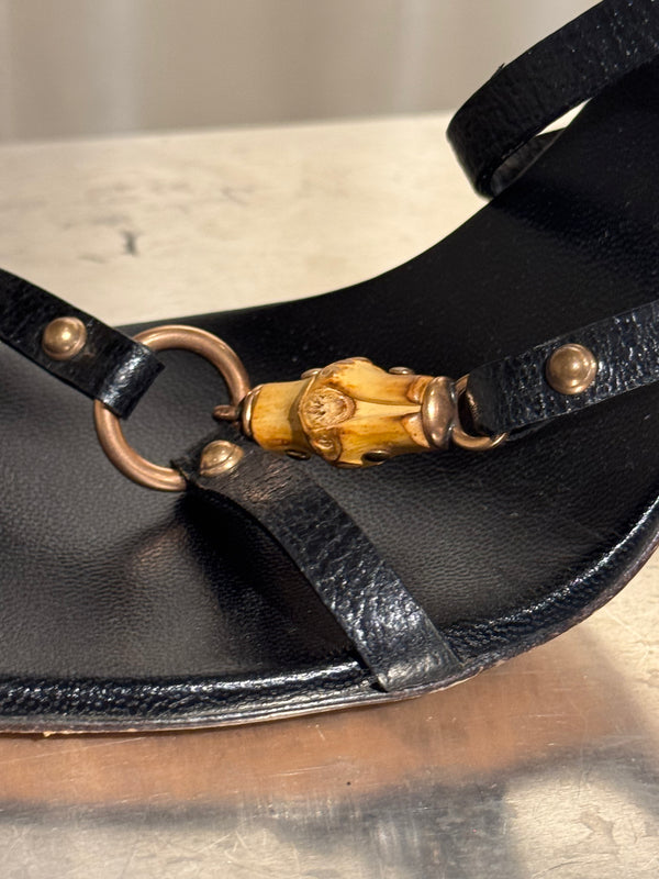 Gucci Black Leather Bamboo Detail Strappy Sandals Gold Hardware High Heels Size 41C with Box