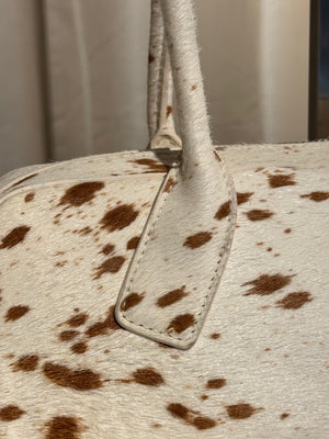 L Soul Brown White Cow Print Pony Hair Shoulder Bag Animal Print Leather Handbag Silver Hardware