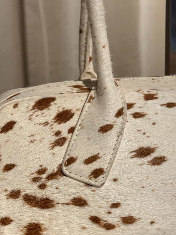 L Soul Brown White Cow Print Pony Hair Shoulder Bag Animal Print Leather Handbag Silver Hardware