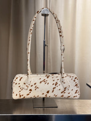 L Soul Brown White Cow Print Pony Hair Shoulder Bag Animal Print Leather Handbag Silver Hardware