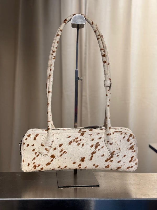 L Soul Brown White Cow Print Pony Hair Shoulder Bag Animal Print Leather Handbag Silver Hardware