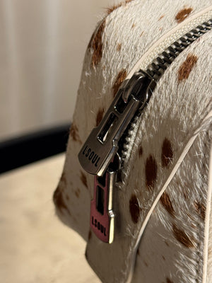 L Soul Brown White Cow Print Pony Hair Shoulder Bag Animal Print Leather Handbag Silver Hardware