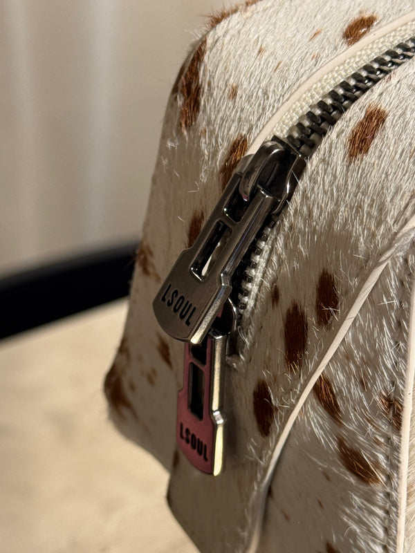 L Soul Brown White Cow Print Pony Hair Shoulder Bag Animal Print Leather Handbag Silver Hardware